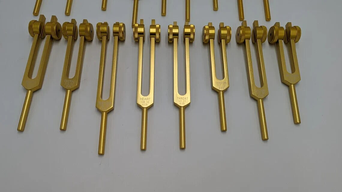 9 Solfeggio and 9 Chakra Gold Weighted Tuning Fork Set Tuned .25Hz SOUND HEALING - Thecosmicaccess