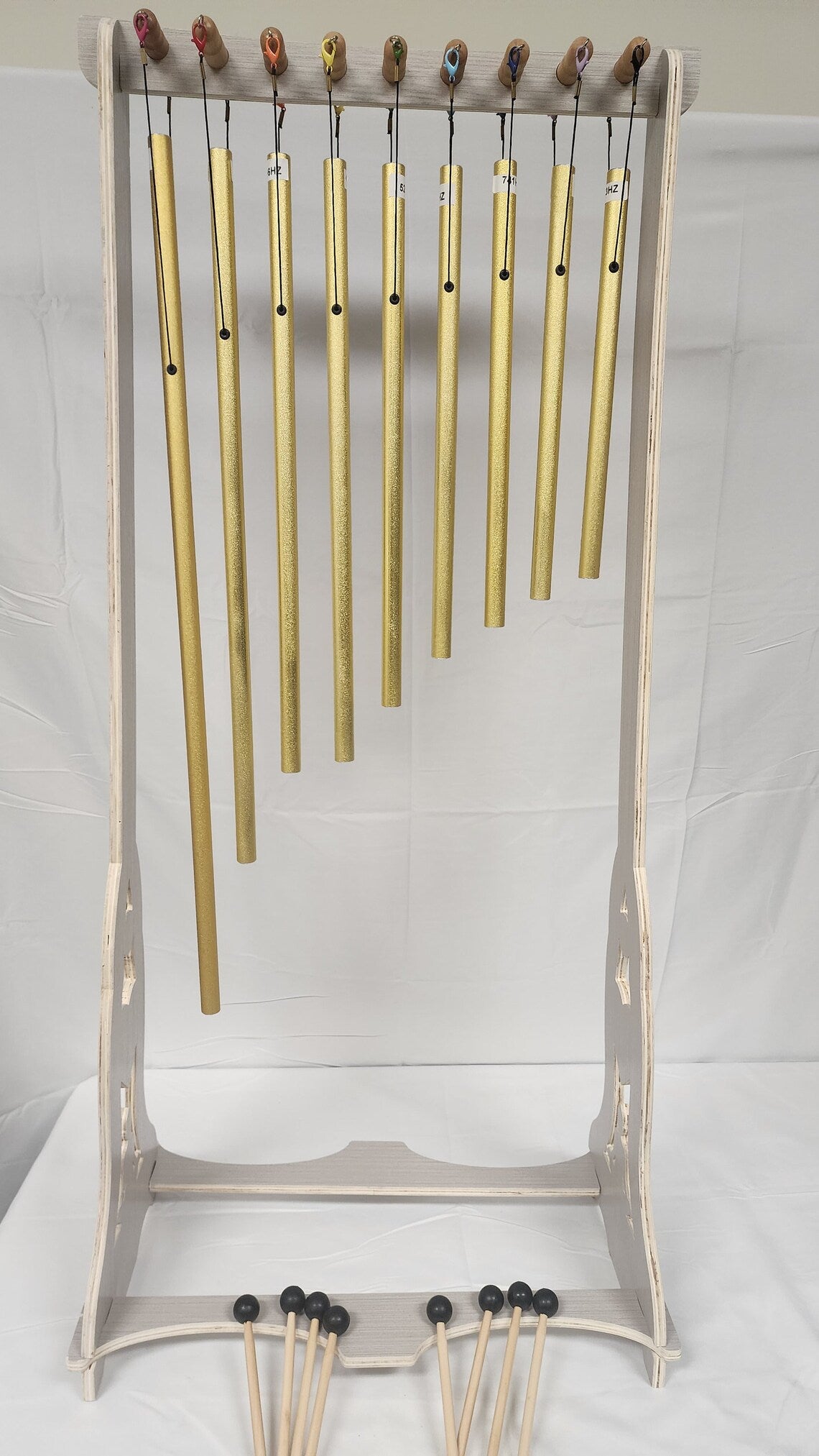 9 Gold Color Solfeggio Healing Tuned Pipes Louder Than Tuning Fork with Wood Stand 9 Mallets and Individual Hand Held Wood Sticks - Thecosmicaccess