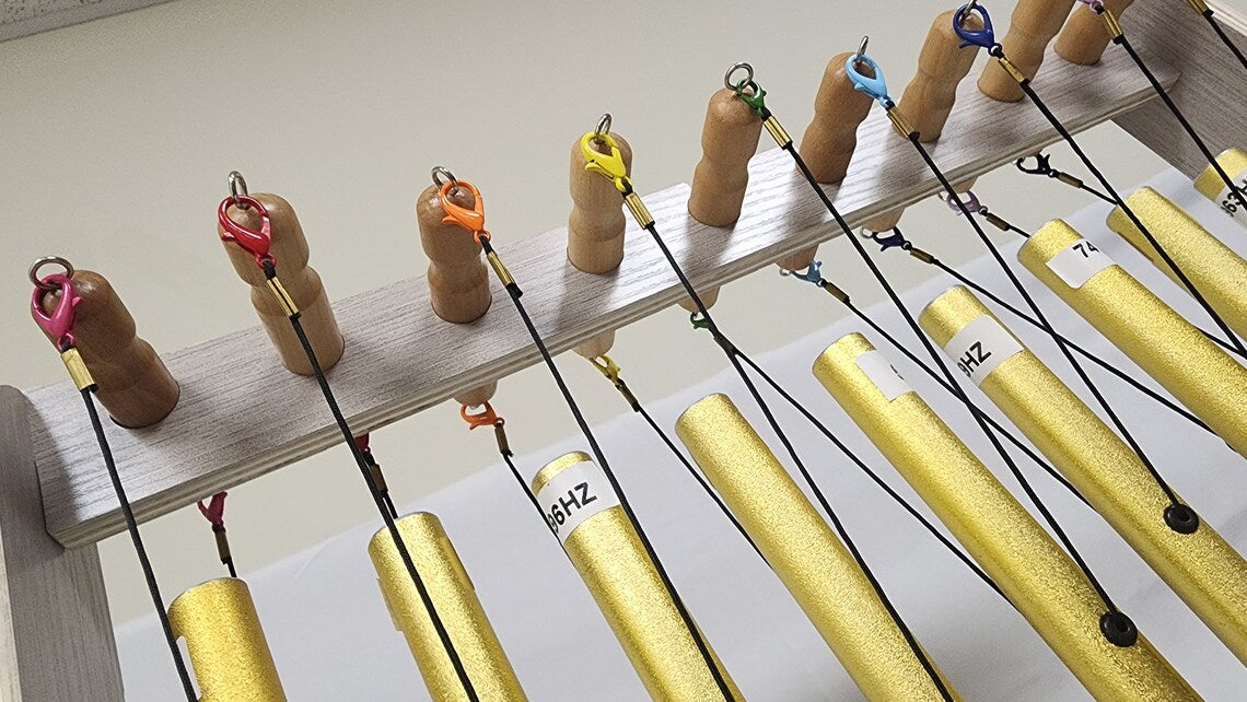 9 Gold Color Solfeggio Healing Tuned Pipes Louder Than Tuning Fork with Wood Stand 9 Mallets and Individual Hand Held Wood Sticks - Thecosmicaccess