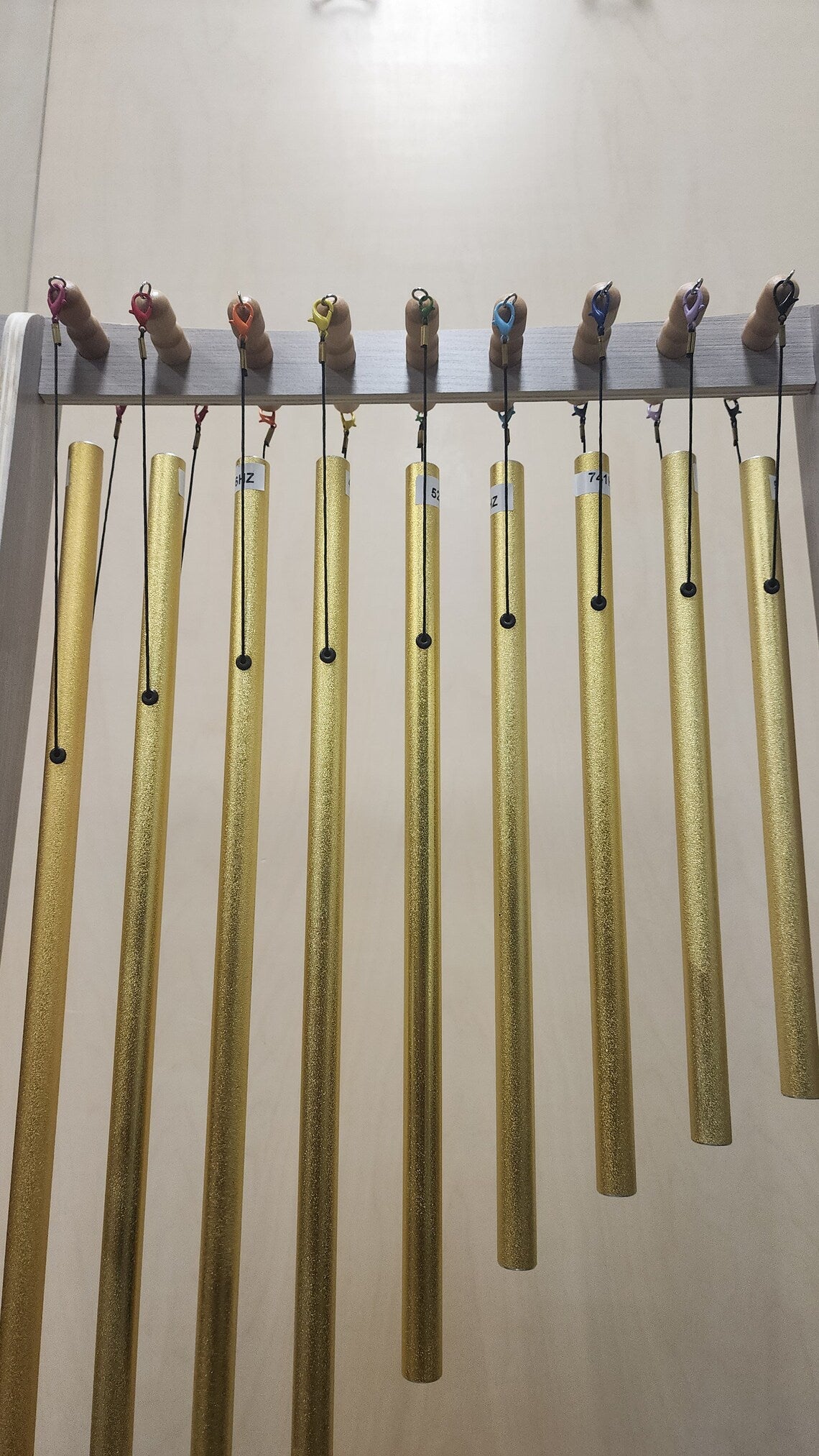 9 Gold Color Solfeggio Healing Tuned Pipes Louder Than Tuning Fork with Wood Stand 9 Mallets and Individual Hand Held Wood Sticks - Thecosmicaccess