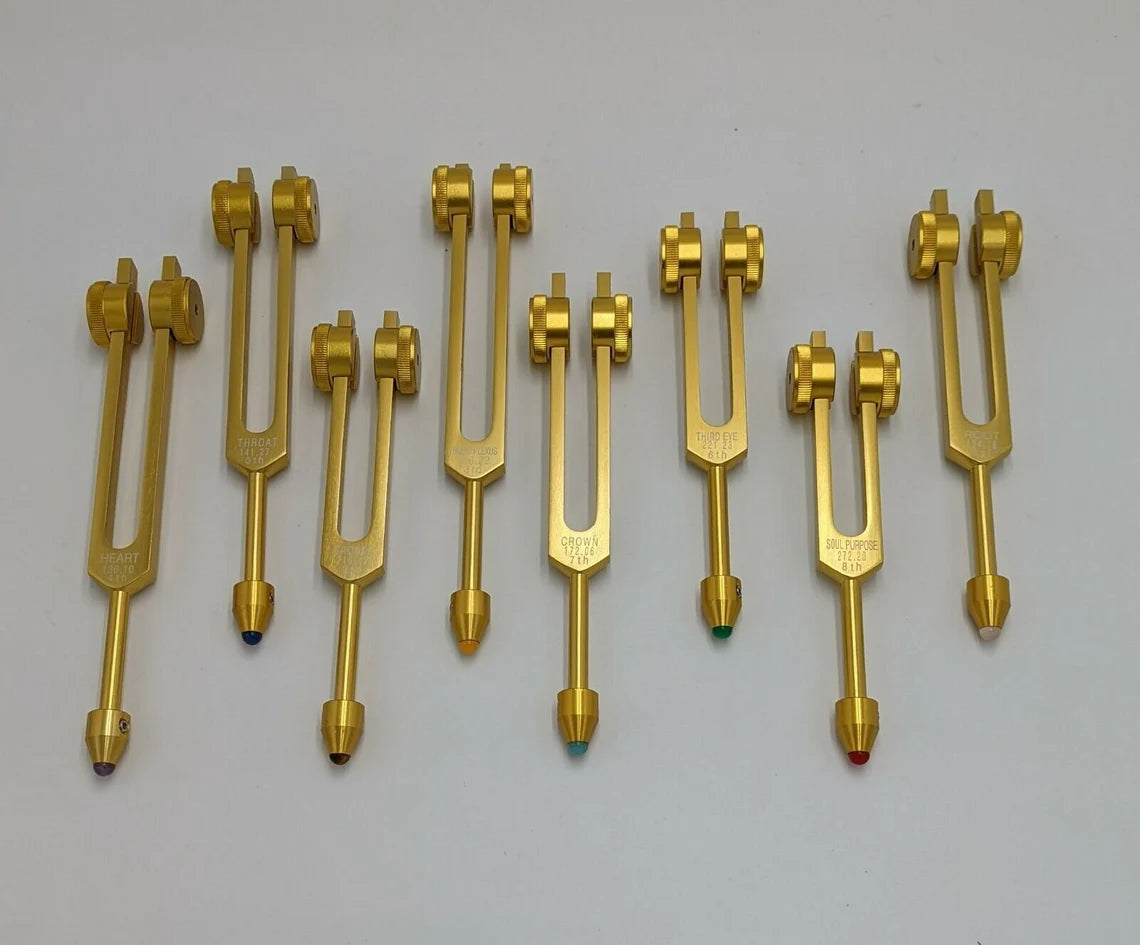 Gold Color Chakra Weighted Set of 8 with Gem Feet, Velvet Bag and Striker - Thecosmicaccess