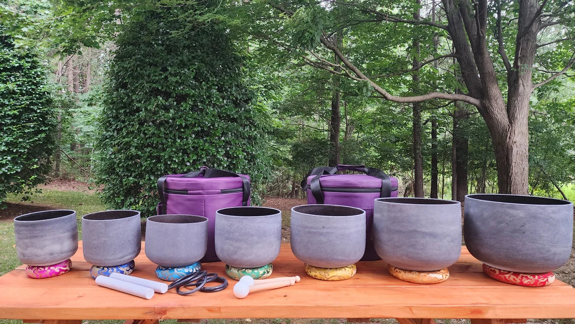 432Hz 7 - 12 inch Gem Fused Obsidian Crystal Singing Bowl Set with Padded Secure Cases and 4 Strikers - Thecosmicaccess