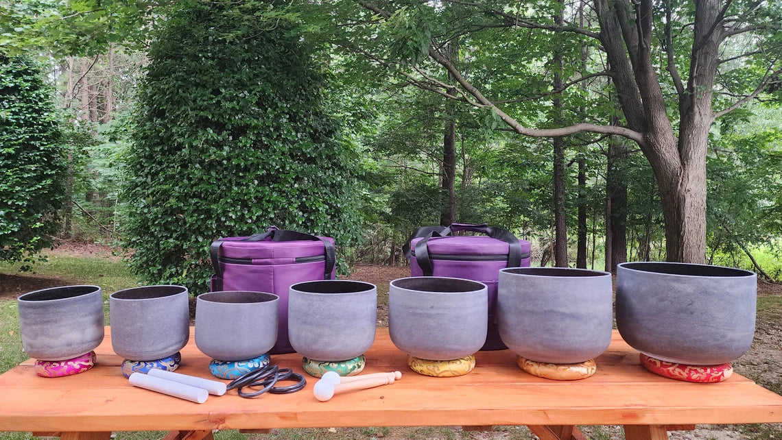 432Hz 7 - 12 inch Gem Fused Obsidian Crystal Singing Bowl Set with Padded Secure Cases and 4 Strikers - Thecosmicaccess