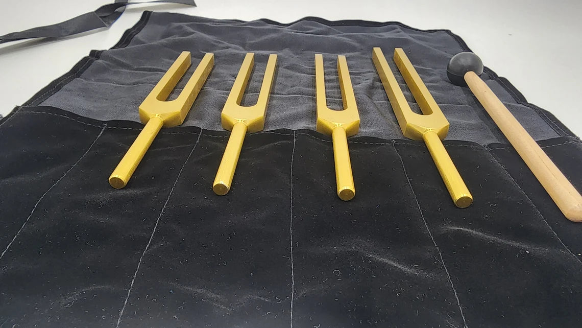 Unweighted Gold Color Lemurian Tuning Fork Set with Striker and Velvet Bag - Transformative Sound Healing - Thecosmicaccess