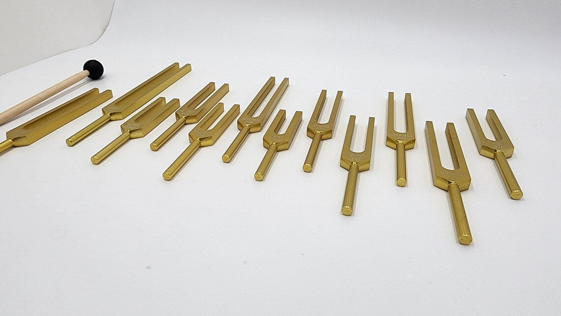 Kabbalah Unweighted Gold Color Tuning Fork Set with Striker and Velvet Bag - Thecosmicaccess