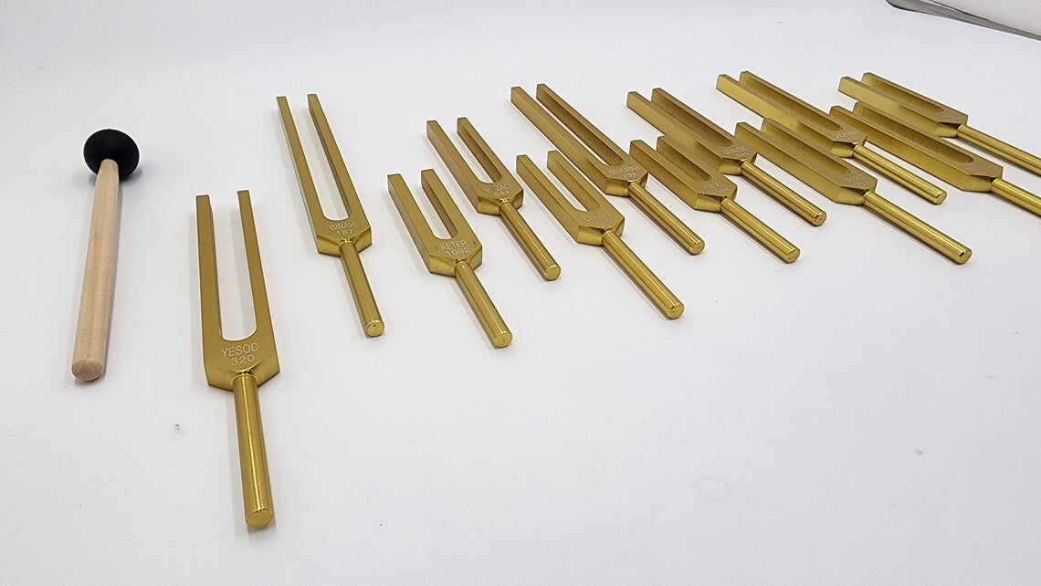 Kabbalah Unweighted Gold Color Tuning Fork Set with Striker and Velvet Bag - Thecosmicaccess