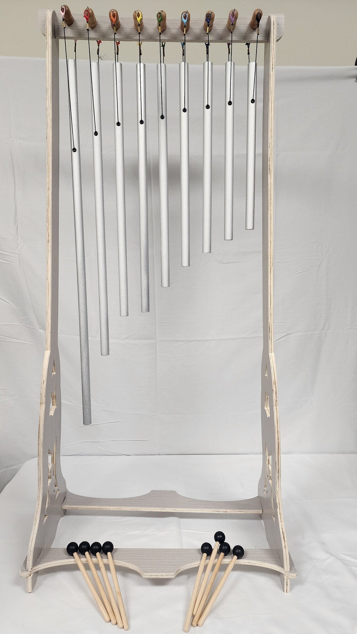 9 Silver Color Solfeggio Healing Tuned Pipes Louder Than Tuning Fork with Wood Stand 9 Mallets and Individual Hand Held Wood Sticks - Thecosmicaccess