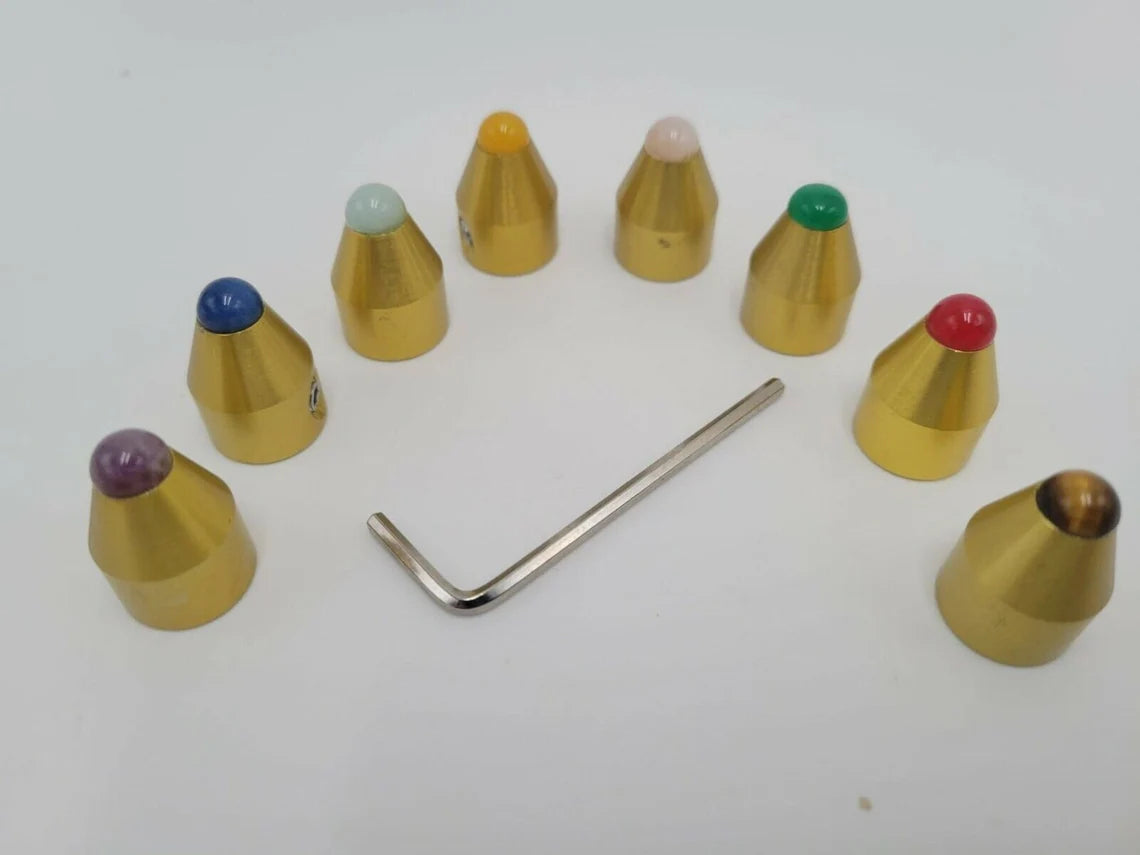 Gold Color Chakra Weighted Set of 8 with Gem Feet, Velvet Bag and Striker - Thecosmicaccess