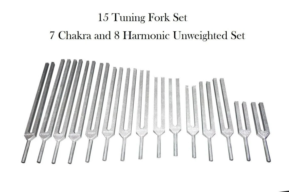 Professional Chakra and Harmonic Unweighted 15 Tuning Fork Set with Mallets and Pouch - Thecosmicaccess