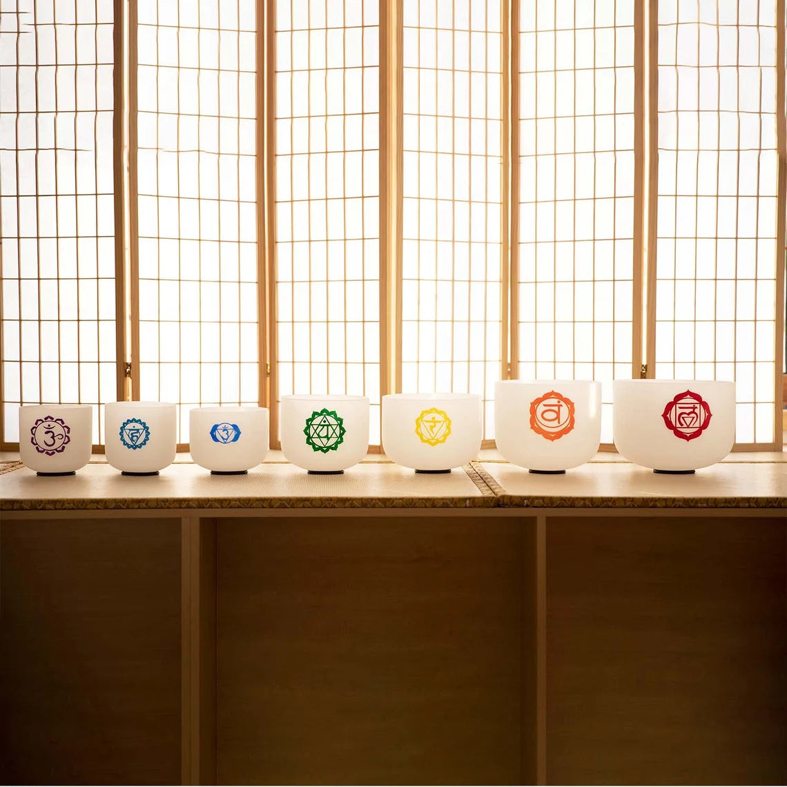 432Hz Perfect Pitch 7pc White Outer Sign Chakra Crystal Singing bowls - Thecosmicaccess
