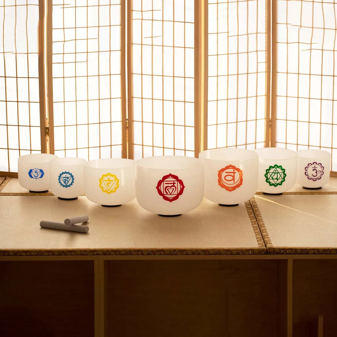 432Hz Perfect Pitch 7pc White Outer Sign Chakra Crystal Singing bowls - Thecosmicaccess