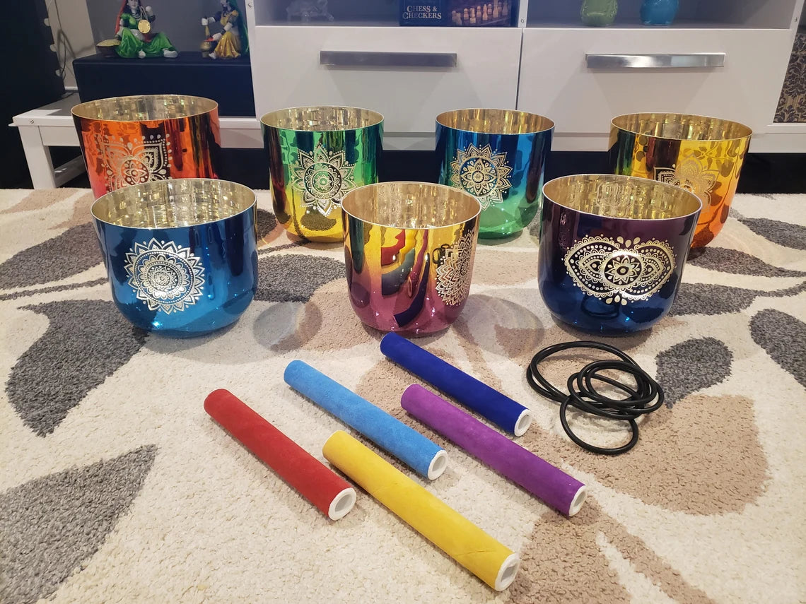 Alchemy 7 Set Chakra 432Hz Perfect Pitch Singing bowls with 5 Suede Mallets - Thecosmicaccess