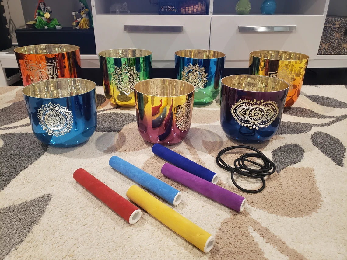 Alchemy 7 Set Chakra 432Hz Perfect Pitch Singing bowls with 5 Suede Mallets - Thecosmicaccess