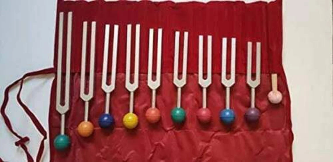 Solfeggio Tuning Fork Set of 9 Unweighted Silver with Colored Balls Mallet and Velvet Bag - Thecosmicaccess