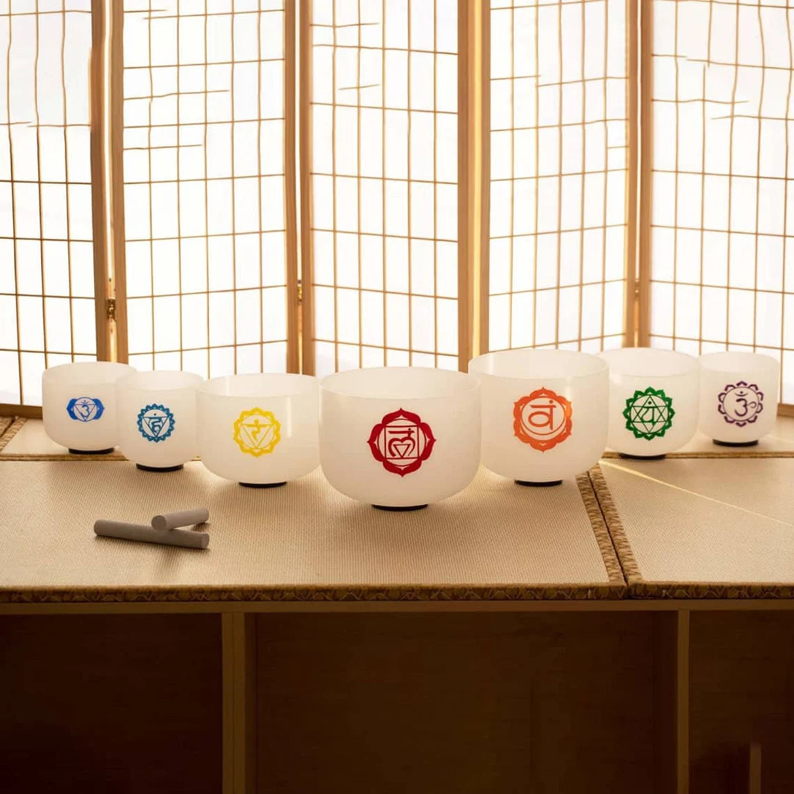 432Hz Perfect Pitch 7pc White Outer Sign Chakra Crystal Singing bowls - Thecosmicaccess