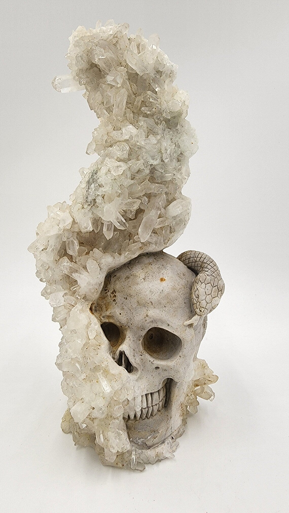 Mystical 9.4" Quartz Rock Druse Hand Carved Crystal Carved Skull with Serpent Realistic Sculpture Home Decor Reiki Healing - Thecosmicaccess