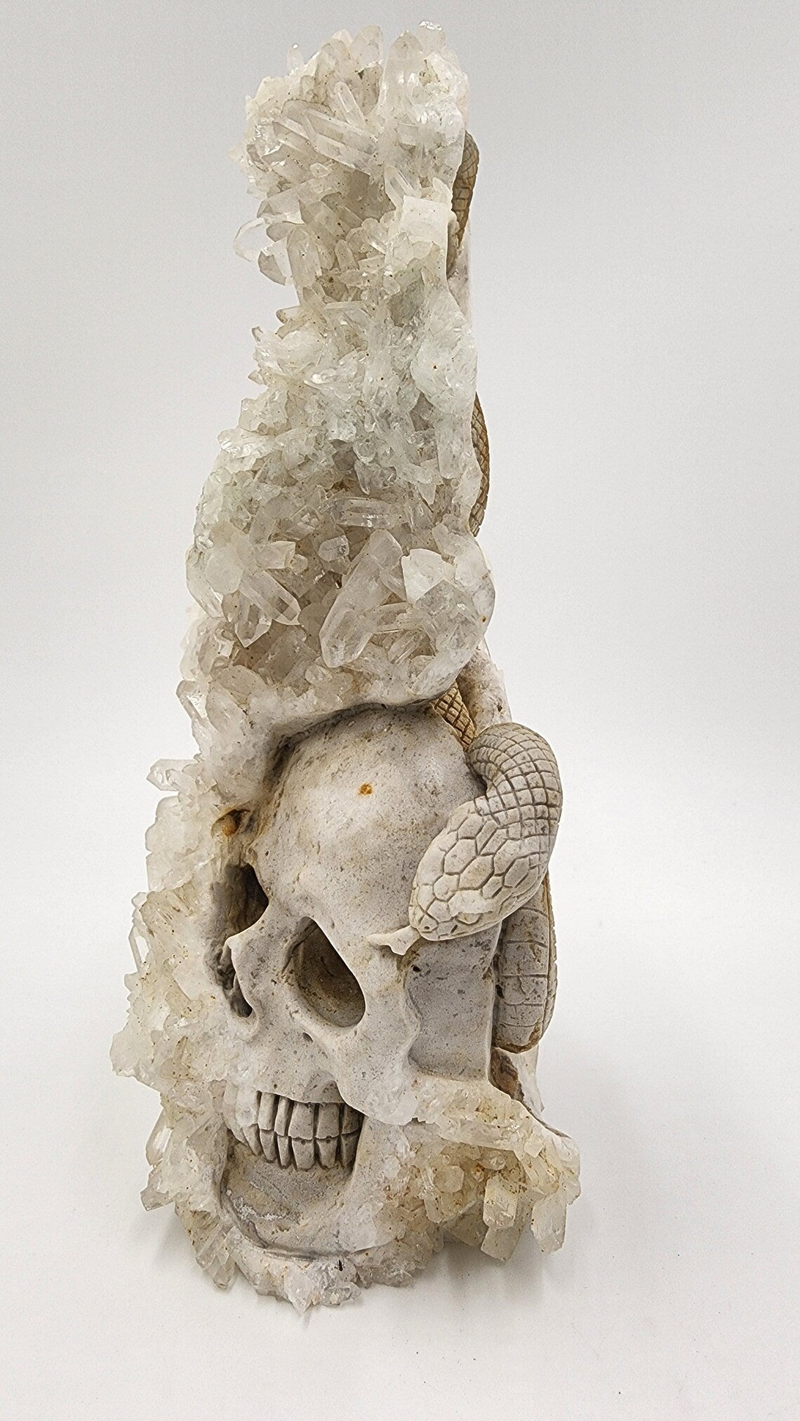 Mystical 9.4" Quartz Rock Druse Hand Carved Crystal Carved Skull with Serpent Realistic Sculpture Home Decor Reiki Healing - Thecosmicaccess
