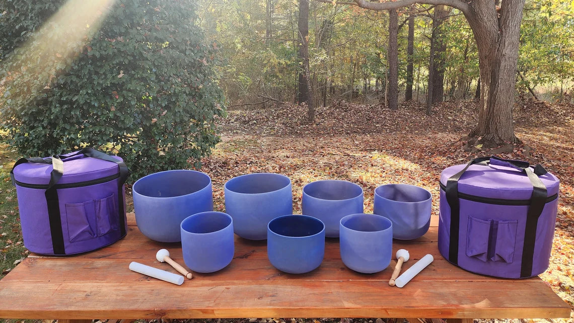 432Hz Perfect Pitch Lapis Lazuli Gem Fused 7-Set Chakra Crystal Singing Bowl Ensemble with Case, Mallet, and Suede Striker - Thecosmicaccess
