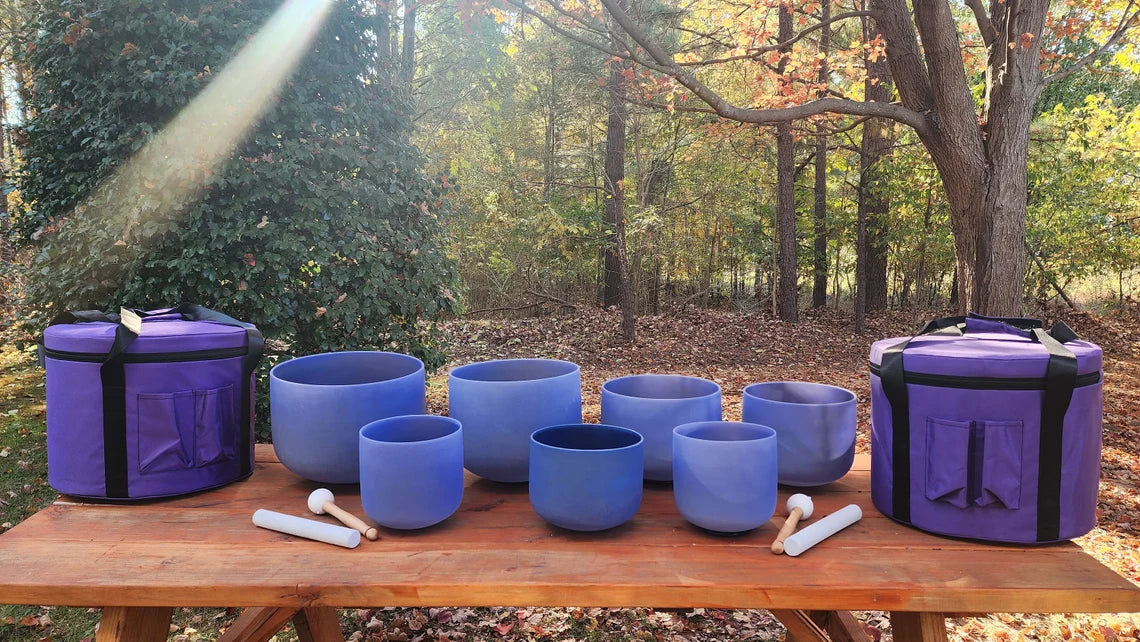 432Hz Perfect Pitch Lapis Lazuli Gem Fused 7-Set Chakra Crystal Singing Bowl Ensemble with Case, Mallet, and Suede Striker