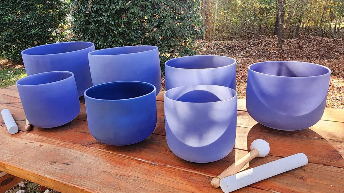 432Hz Perfect Pitch Lapis Lazuli Gem Fused 7-Set Chakra Crystal Singing Bowl Ensemble with Case, Mallet, and Suede Striker - Thecosmicaccess