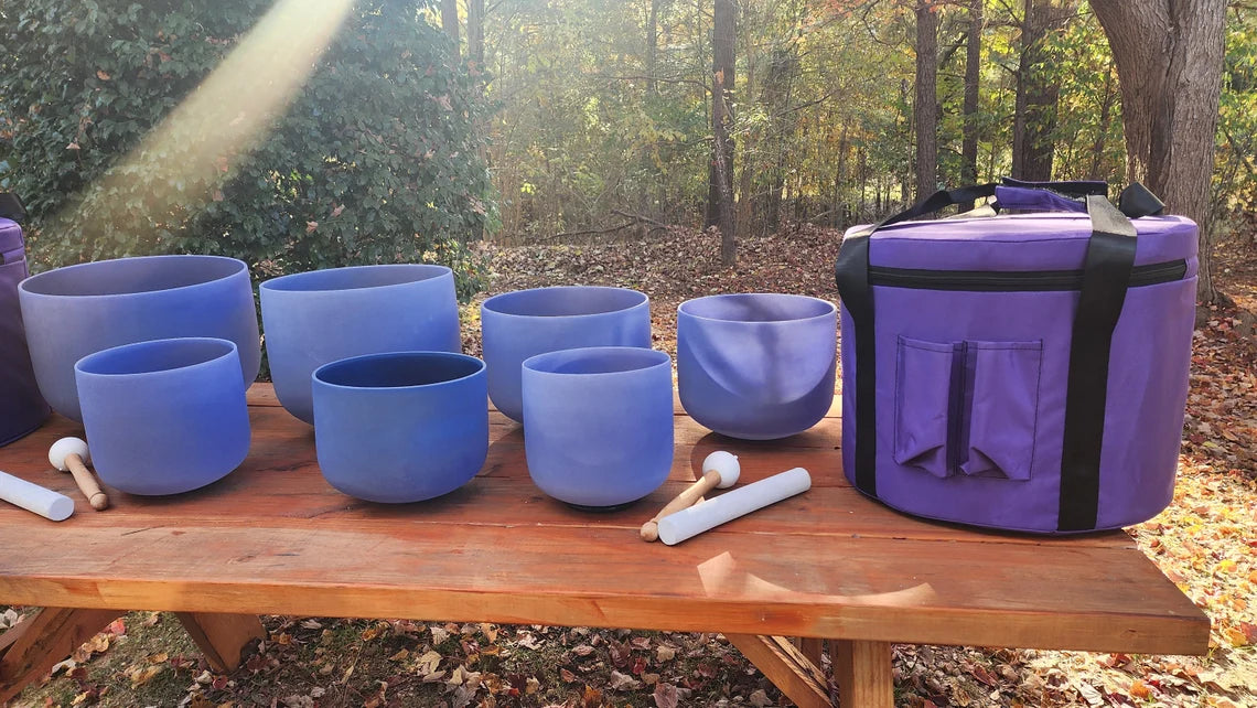 432Hz Perfect Pitch Lapis Lazuli Gem Fused 7-Set Chakra Crystal Singing Bowl Ensemble with Case, Mallet, and Suede Striker - Thecosmicaccess