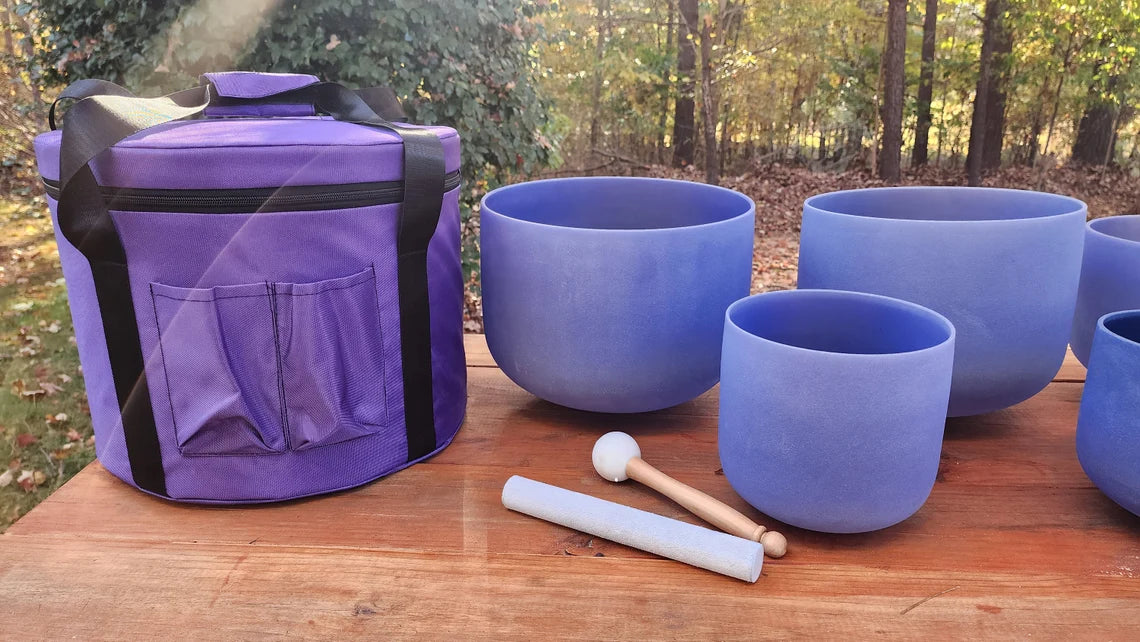 432Hz Perfect Pitch Lapis Lazuli Gem Fused 7-Set Chakra Crystal Singing Bowl Ensemble with Case, Mallet, and Suede Striker - Thecosmicaccess