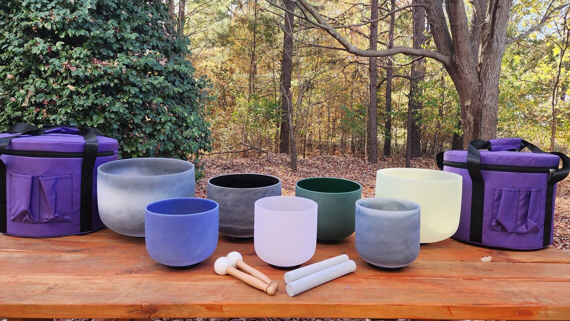432Hz Gem Fused 7 Set Chakra Crystal Singing Bowls - Citrine, Obsidian, Sapphire, Emerald, Moldavite, Morganite, Lapiz Lazuli with Cases
