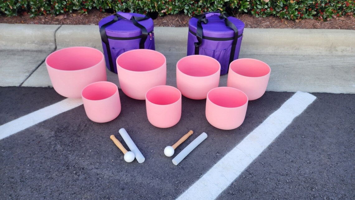 Soundscapes of Serenity: 432Hz Rose Gem Fusion Chakra Crystal Singing Bowls Set with Padded Secure Cases, O-rings and Strikers - Thecosmicaccess