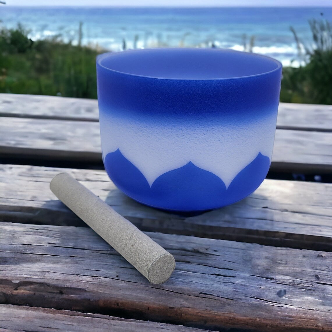 Mystic Azure Dreams: 432Hz 8-Inch A Note Third Eye Chakra Navy Blue and White Rainbow Lotus Crystal Singing Bowl with Striker and O-ring - Thecosmicaccess