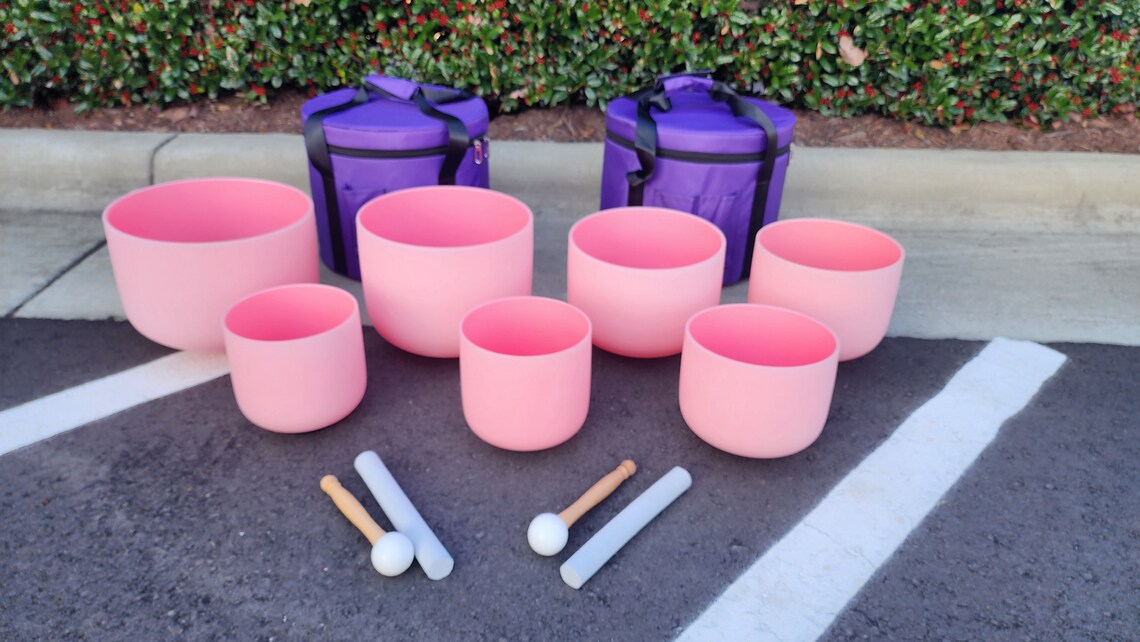 Soundscapes of Serenity: 432Hz Rose Gem Fusion Chakra Crystal Singing Bowls Set with Padded Secure Cases, O-rings and Strikers - Thecosmicaccess