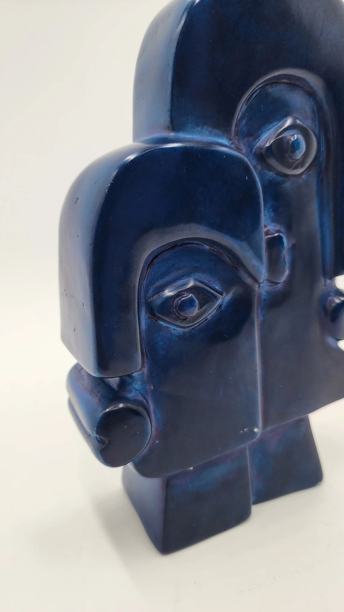 Vintage Timeless Elegance Abstract Sculpture Shona Navy Blue Verdite Stone Carving Dual Face Zimbabwe Africa Artisan Made - Thecosmicaccess