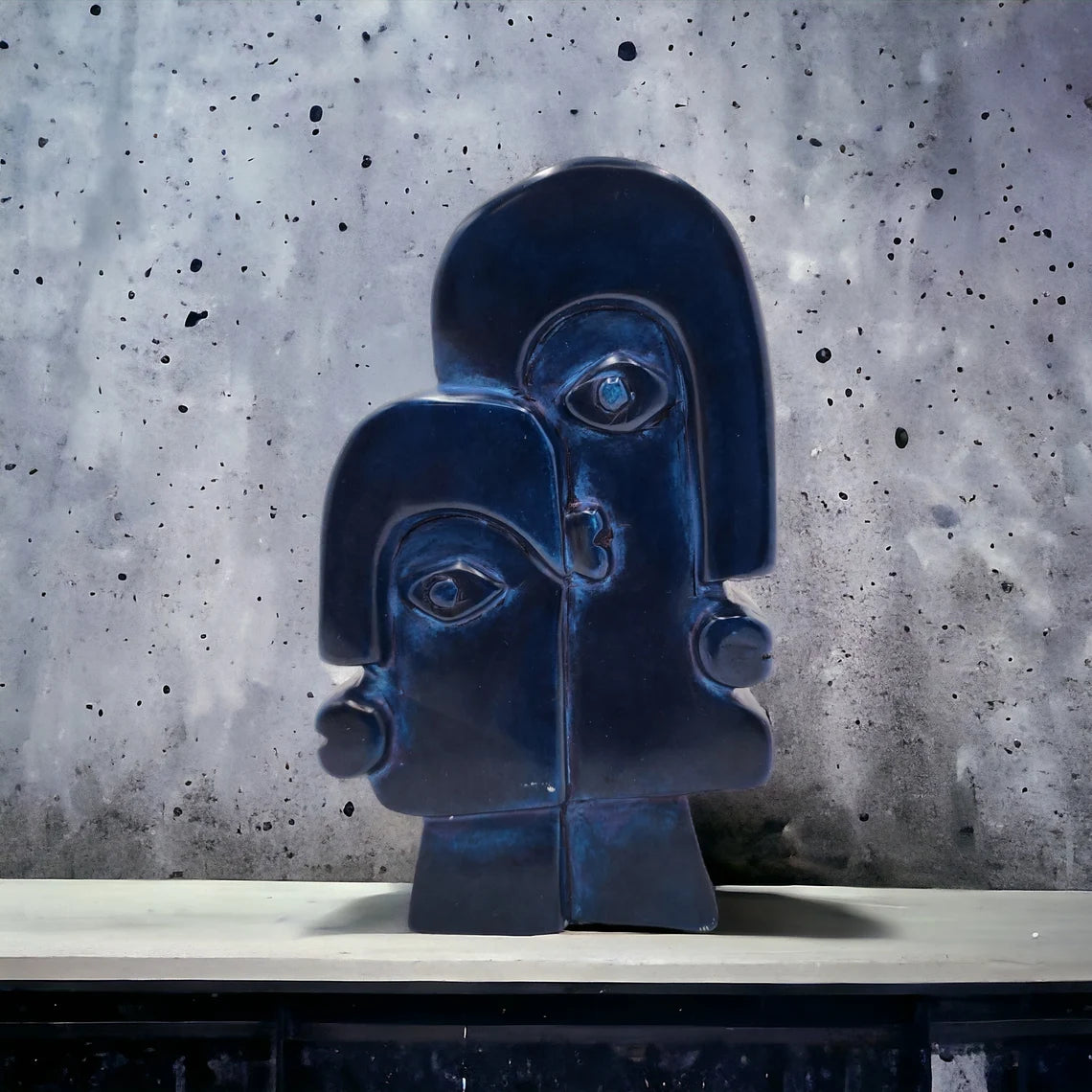Vintage Timeless Elegance Abstract Sculpture Shona Navy Blue Verdite Stone Carving Dual Face Zimbabwe Africa Artisan Made - Thecosmicaccess