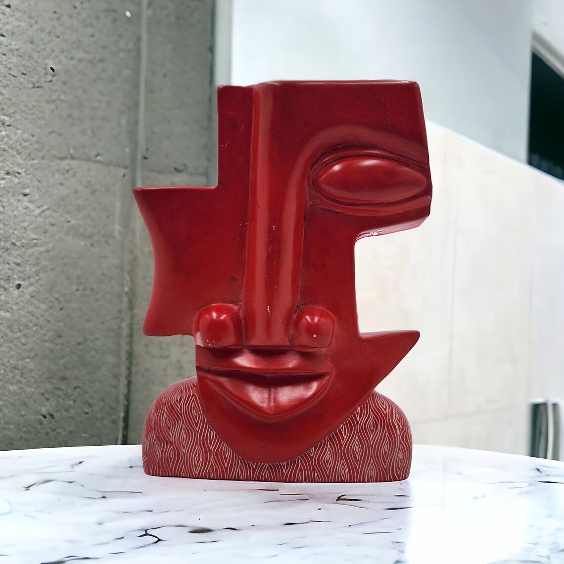 Vintage Rare African Africa Shona Red Soapstone Abstract Battling Face Sculpture - Thecosmicaccess
