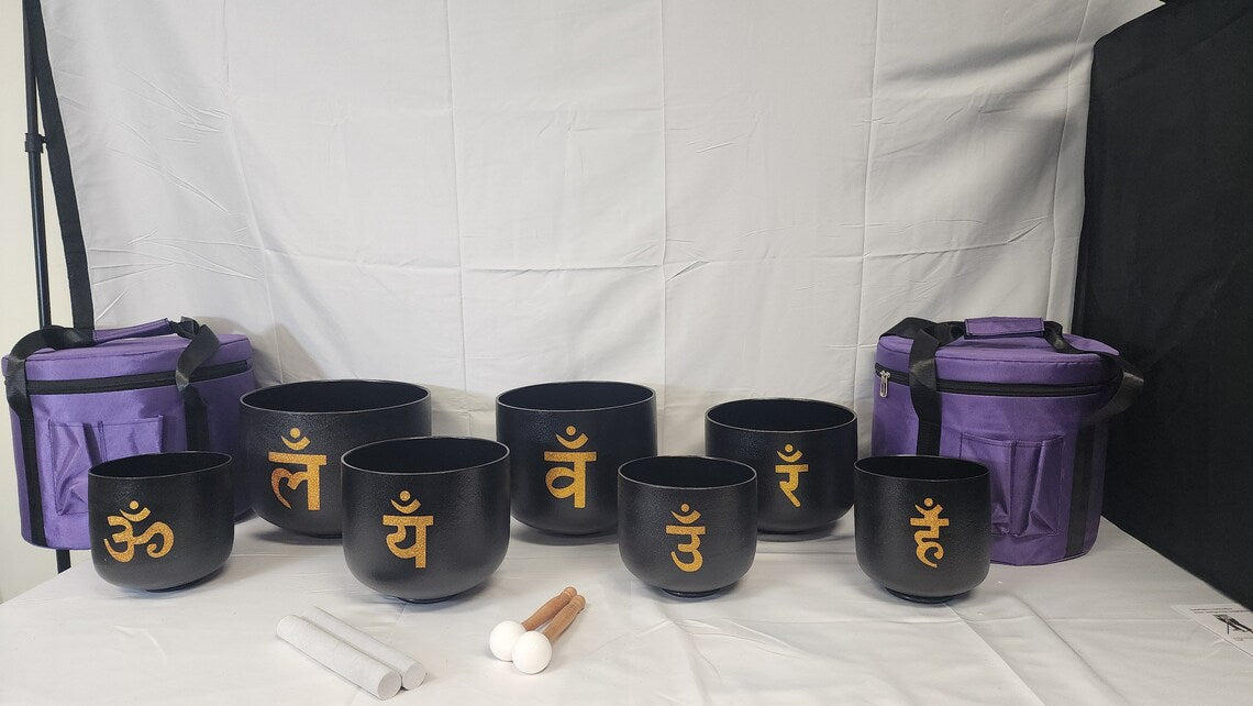 Harmony Unveiled: 432Hz Perfect Pitch Chakra Crystal Singing Bowls Set in Elegant Black with Gold Sanskrit Chakra Symbols