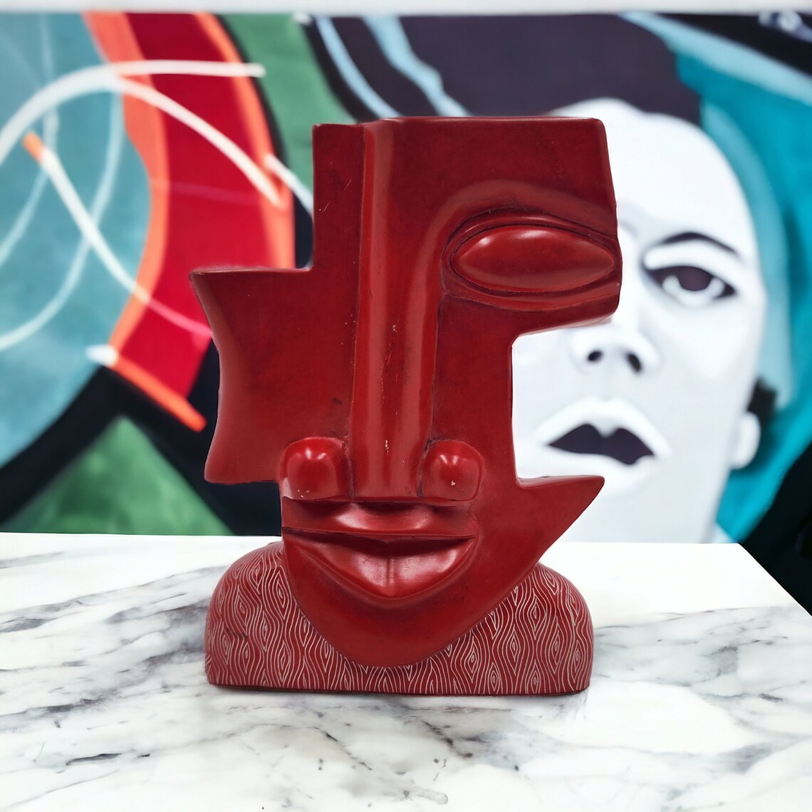 Vintage Rare African Africa Shona Red Soapstone Abstract Battling Face Sculpture - Thecosmicaccess