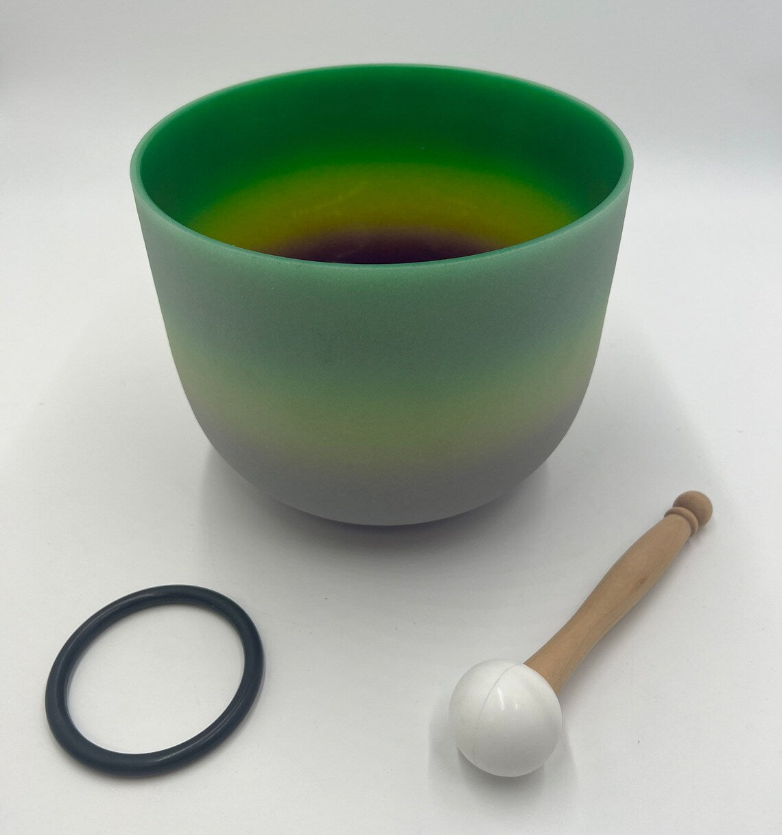 432Hz 9 inch F Note Heart Green Rainbow Color Chakra Crystal Singing Bowl with Striker and O-ring - Thecosmicaccess