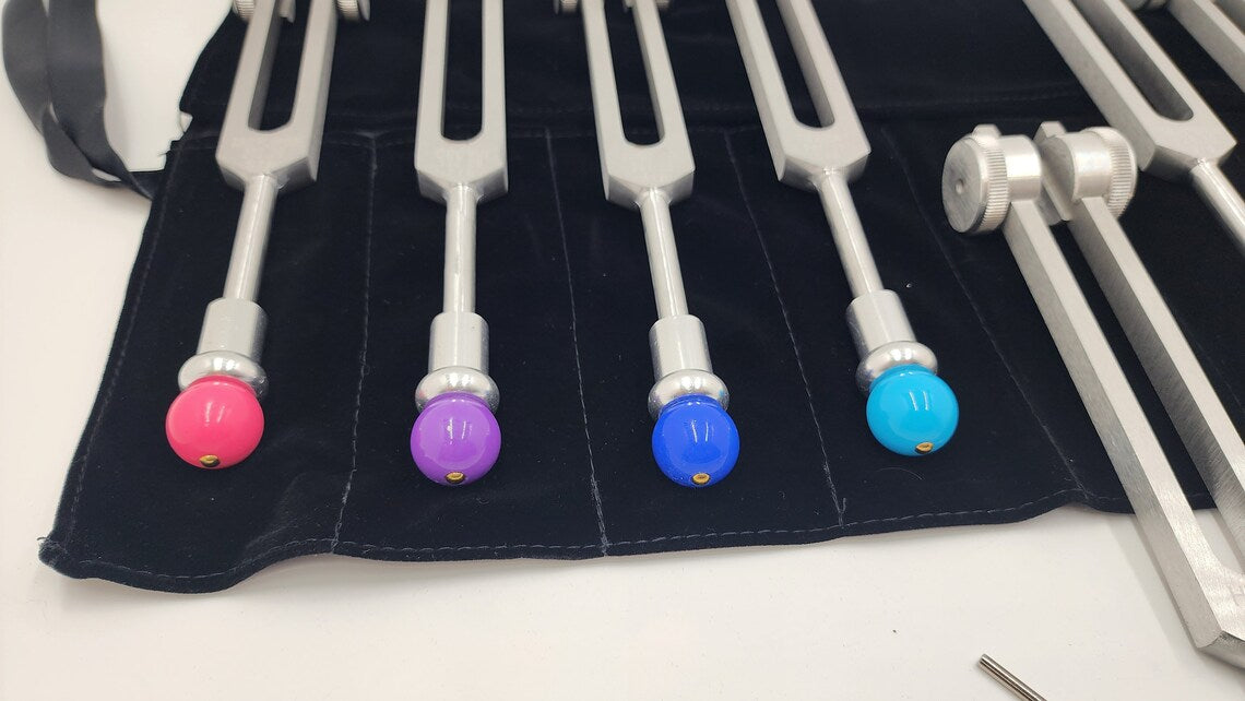 Chakra Tuning Fork Set of 8 Weighted Tuning Forks with Color Coded BUDDHA BEADS - Thecosmicaccess