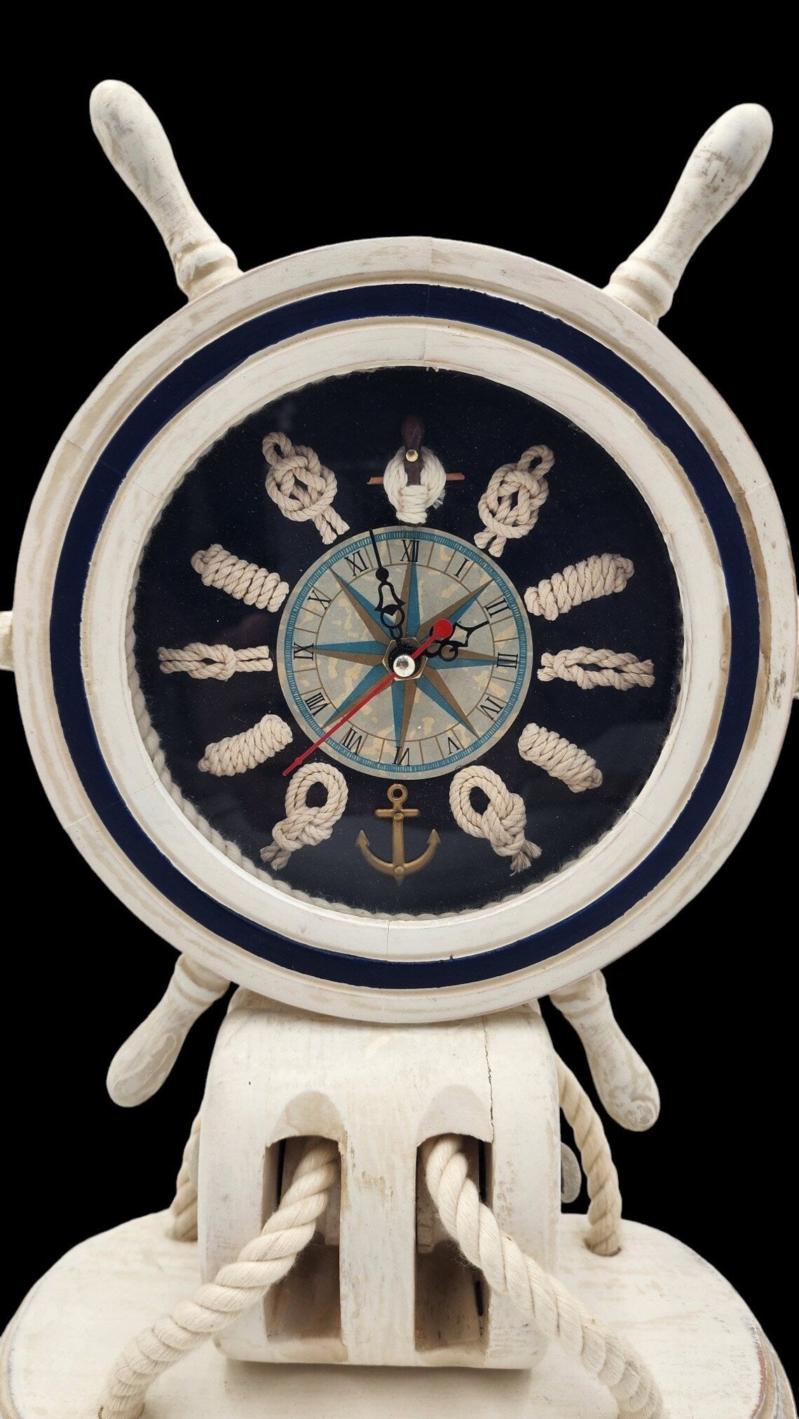 Vintage 13" Ships Wheel Mantle Clock with Wood Block & Tackle - Nautical Sailing Knots Brass - Excellent Working Condition - Thecosmicaccess