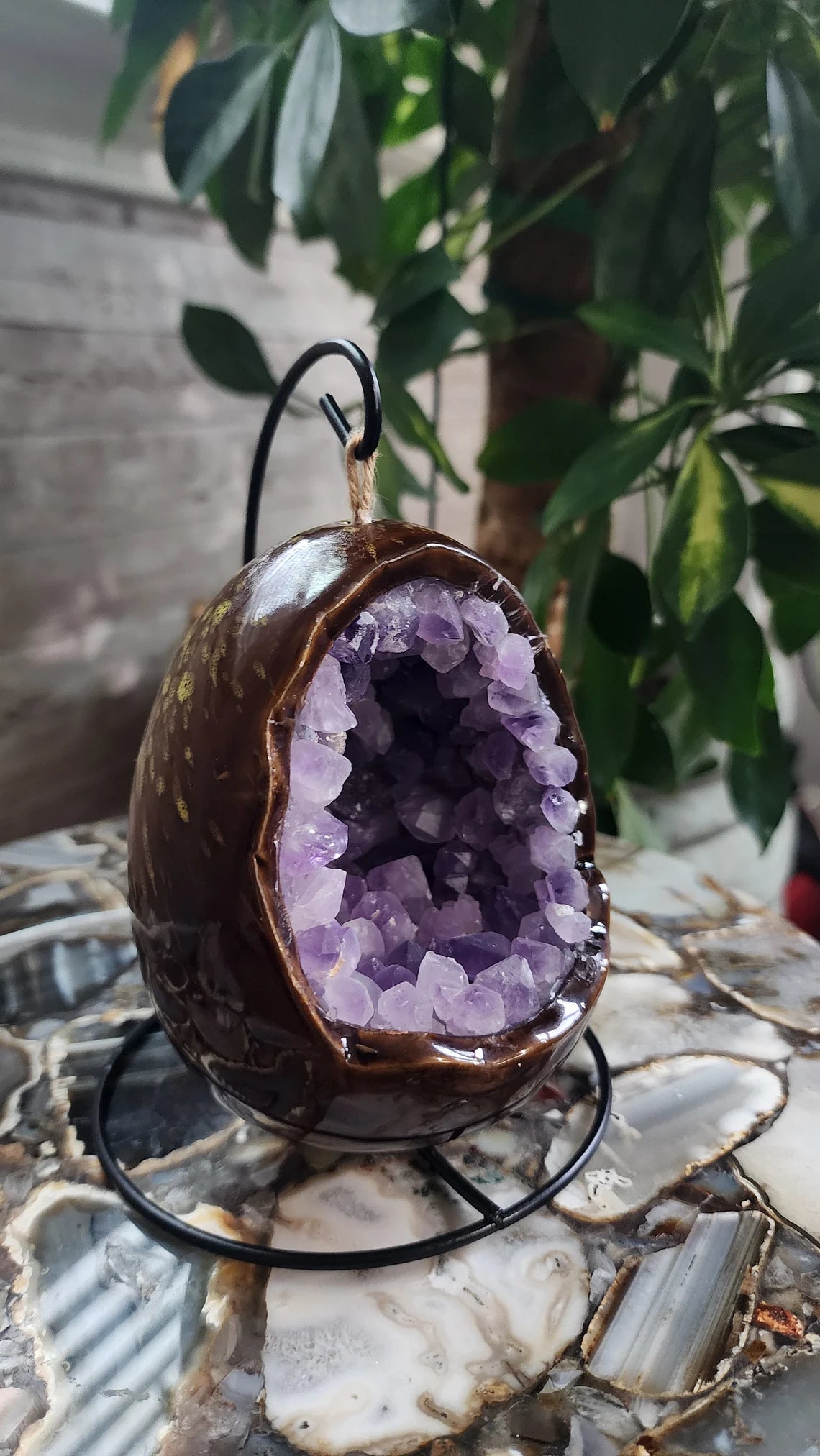 Handcrafted Natural Amethyst Dinosaur Egg Table Lamp - Bedroom LED Night Light and Home Decor Accent - Thecosmicaccess