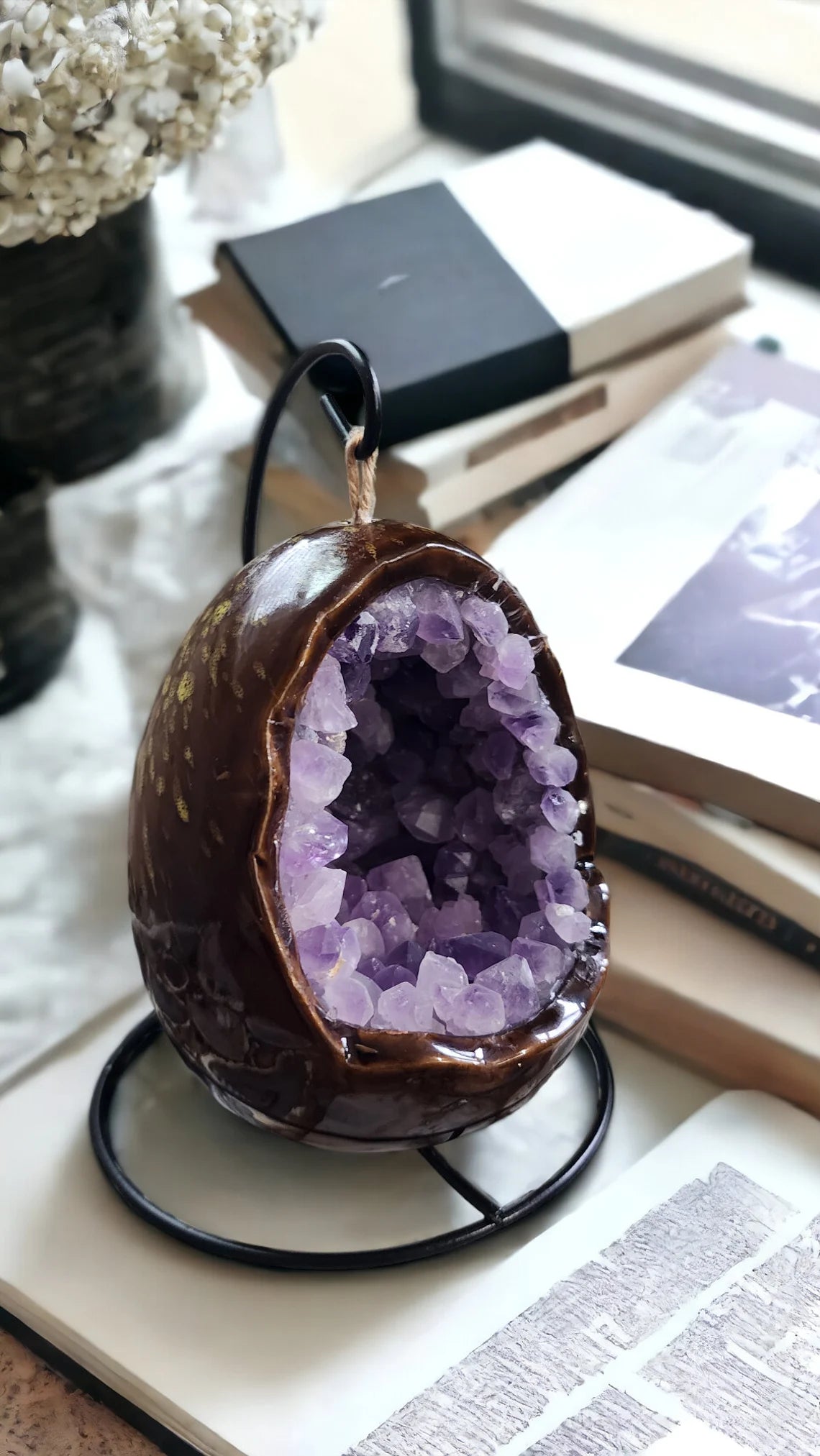 Handcrafted Natural Amethyst Dinosaur Egg Table Lamp - Bedroom LED Night Light and Home Decor Accent - Thecosmicaccess