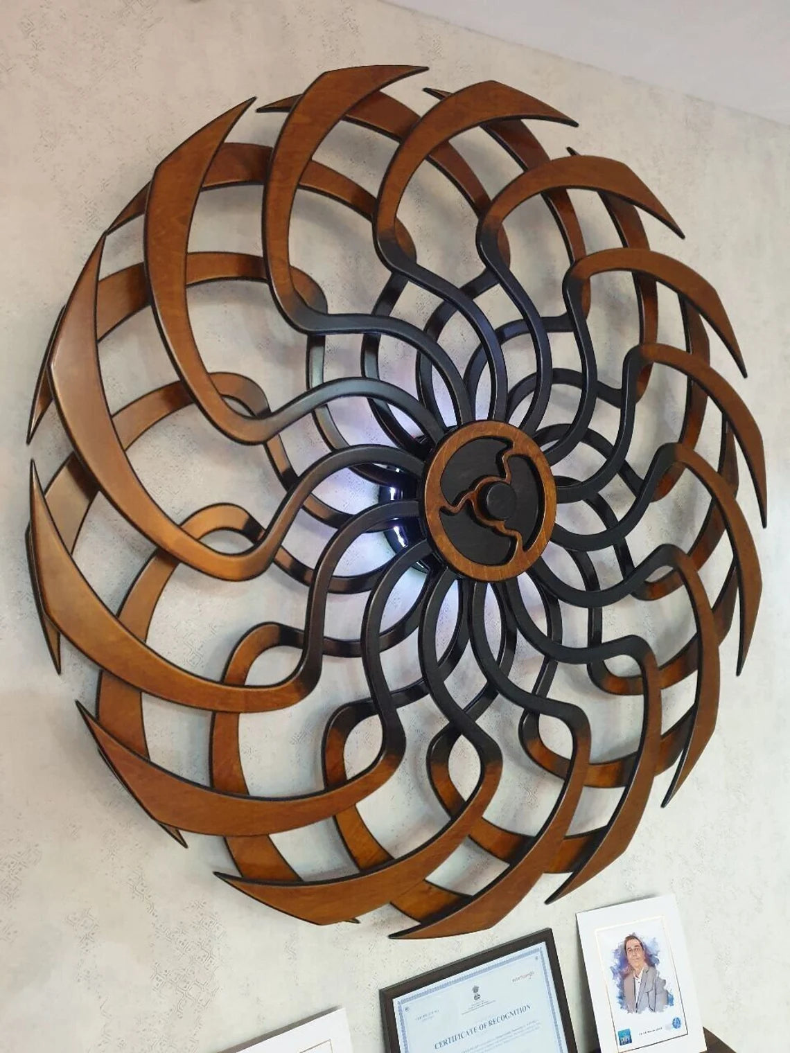 Wooden Kinetic Sculpture Energy Wheel Birch Wood, Bluetooth Enabled with Endless Light, Sound, Rotation Chakra Color Therapy - Thecosmicaccess