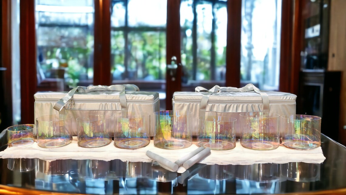 Soulful 432Hz Crystal Singing Bowls Set of 8, Infused with Cosmic Clear Aurora Lights and Chakra Crystal Alignment for Spiritual Awakening - Thecosmicaccess