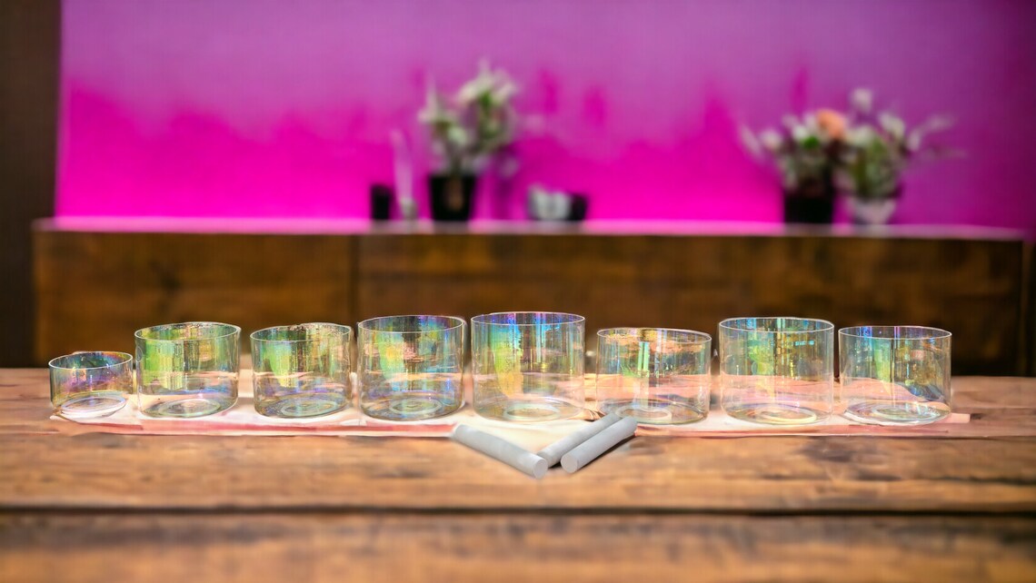 Soulful 432Hz Crystal Singing Bowls Set of 8, Infused with Cosmic Clear Aurora Lights and Chakra Crystal Alignment for Spiritual Awakening - Thecosmicaccess