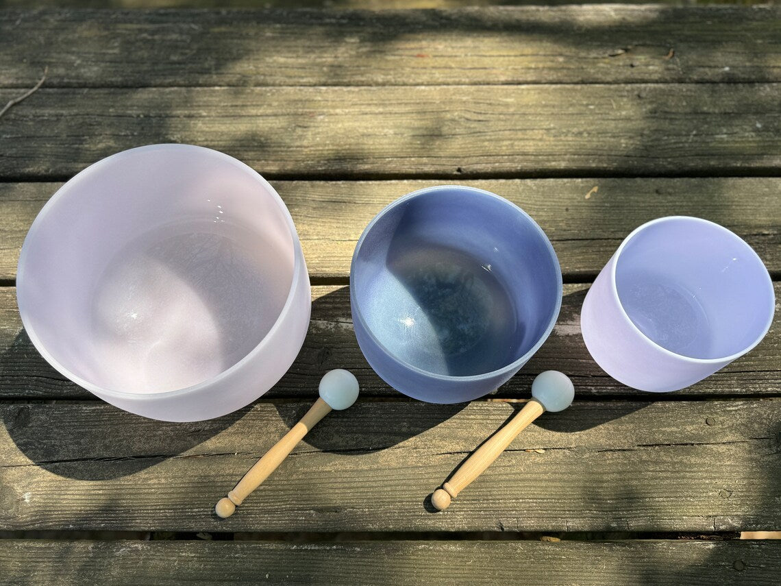 Healing Harmony Crystal Singing Bowls: Morganite, Sapphire, Lapis Lazuli - Notes A, B, F Complete Set with Strikers, Mallets, O-Rings, Cases - Thecosmicaccess