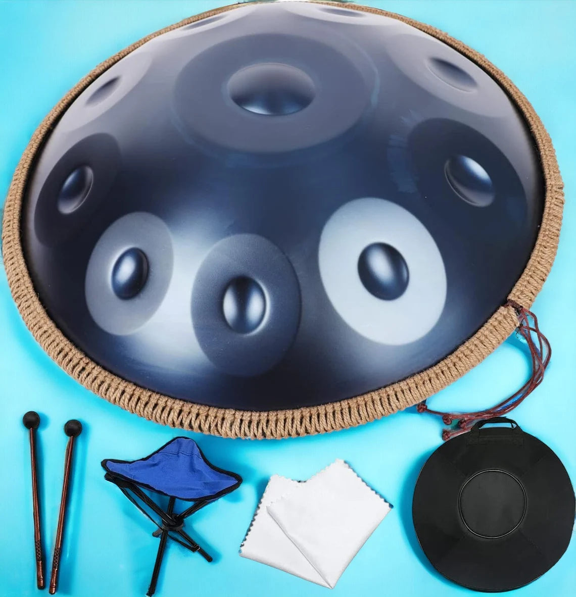 22-inch Blue Handpan Drum in D Kurd Minor - Premium Stainless Steel Percussion Instrument with Carry Bag - Perfect for All Level Musicians