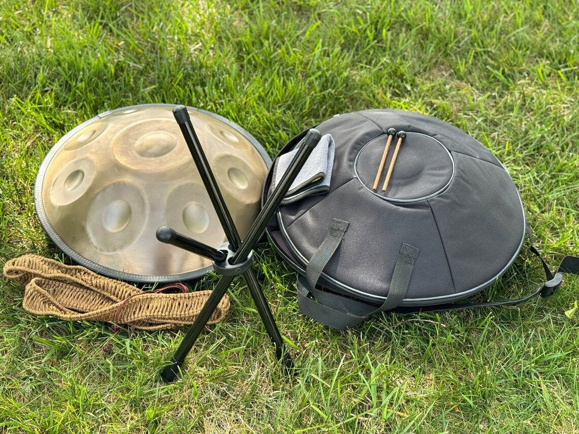 Mesmerizing Handpan Drum D Minor 9-Note 18" Steel Drum Set with Soft Bag, 2 Mallets, a cloth and Stand, Crafting Serene Resonance