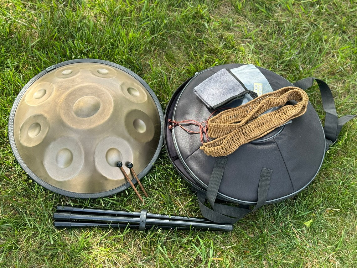 Mesmerizing Handpan Drum D Minor 9-Note 18" Steel Drum Set with Soft Bag, 2 Mallets, a cloth and Stand, Crafting Serene Resonance