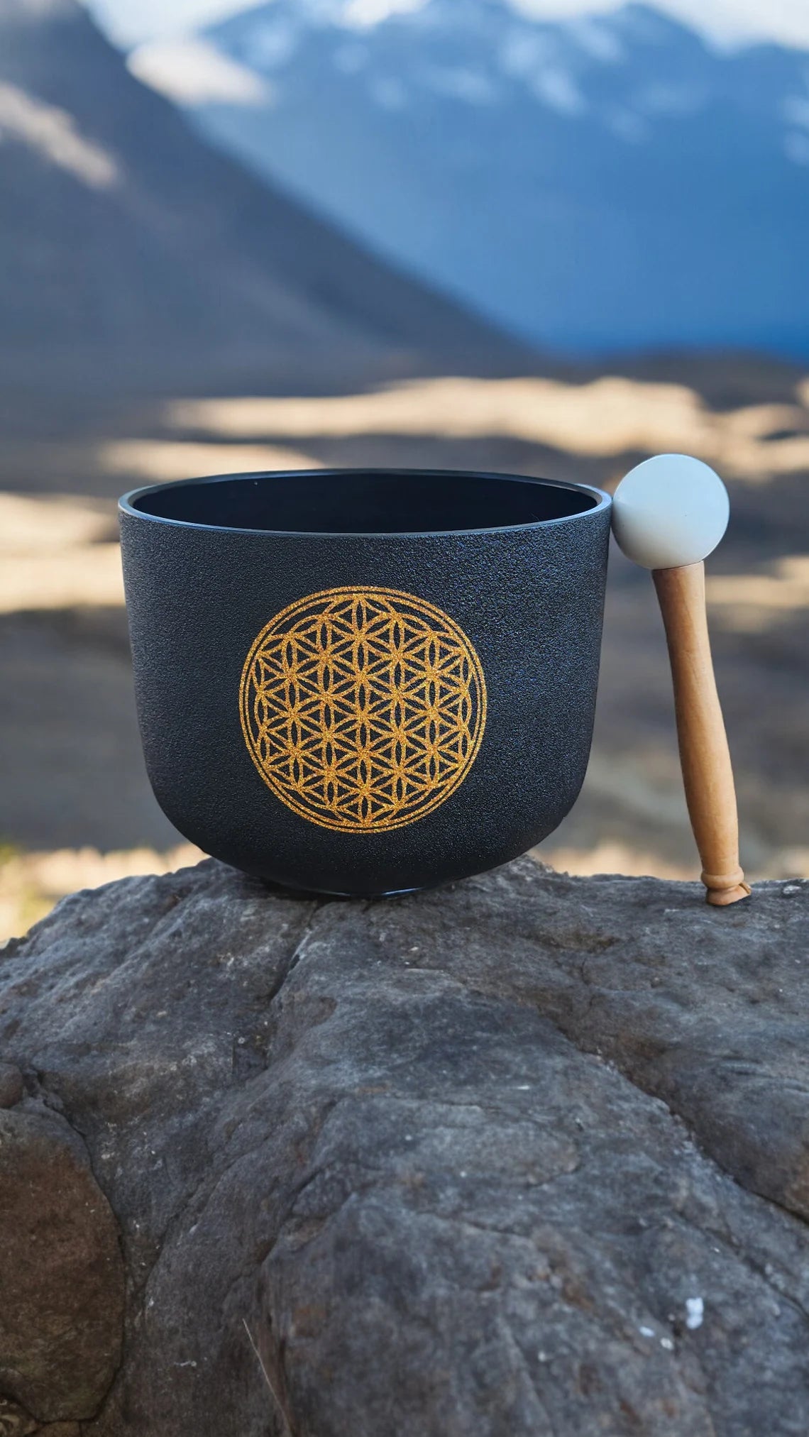 Solfeggio Crystal Singing Bowl - Black with Gold Flower of Life, Padded Secure Case, Striker, and O-ring - Thecosmicaccess