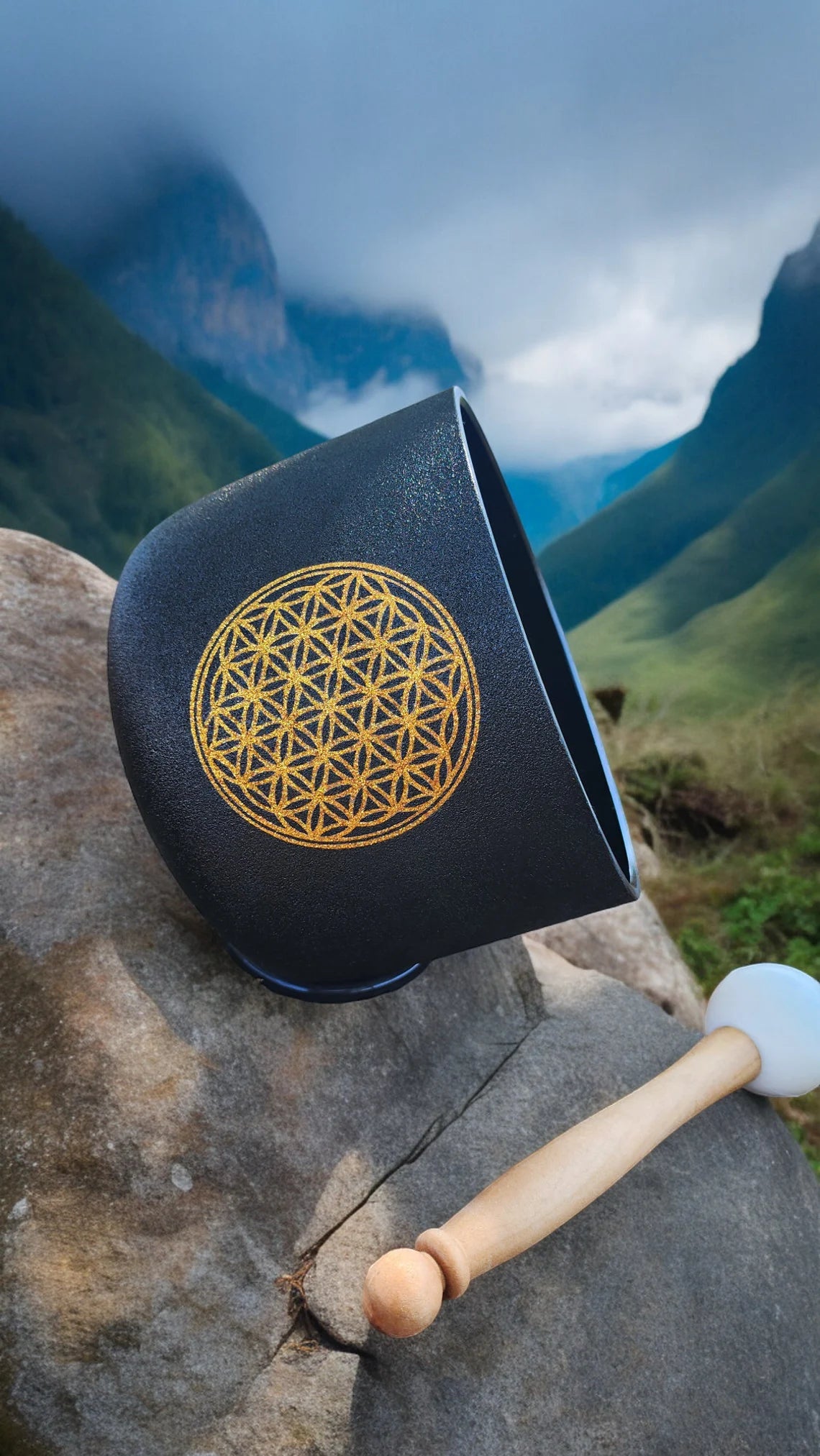Solfeggio Crystal Singing Bowl - Black with Gold Flower of Life, Padded Secure Case, Striker, and O-ring - Thecosmicaccess