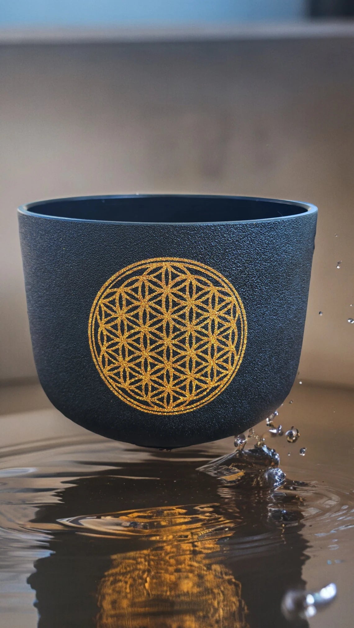 Solfeggio Crystal Singing Bowl - Black with Gold Flower of Life, Padded Secure Case, Striker, and O-ring - Thecosmicaccess